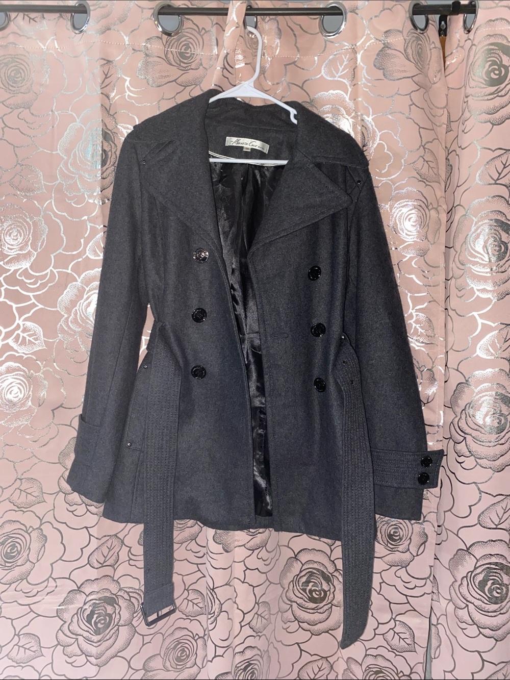Kenneth Cole Gray Wool Blend Double Breasted Pea Coat with Belt Size 14